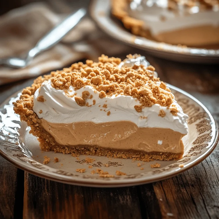 A close-up slice of Amish Peanut Butter Cream Pie with whipped topping and peanut butter crumble on a vintage plate.