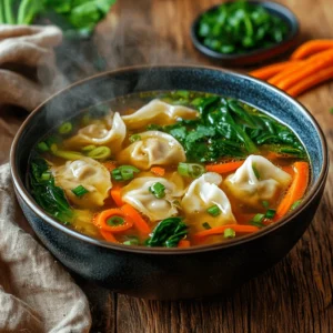 Steaming bowl of subgum wonton soup with plump wontons, carrots, and leafy greens
