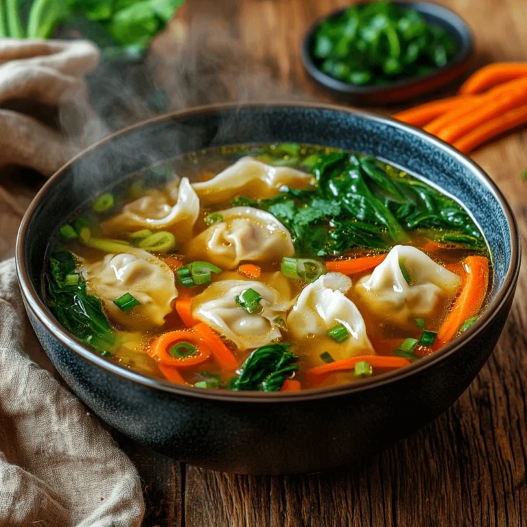 Steaming bowl of subgum wonton soup with plump wontons, carrots, and leafy greens