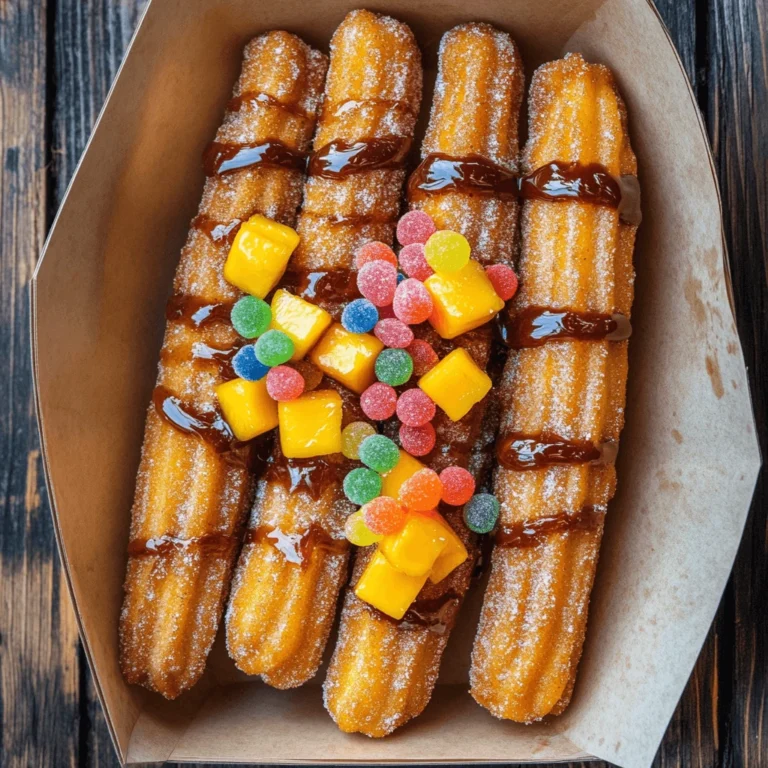 Loaded churros locos topped with chamoy drizzle, diced mango, and colorful candy in a cardboard tray.