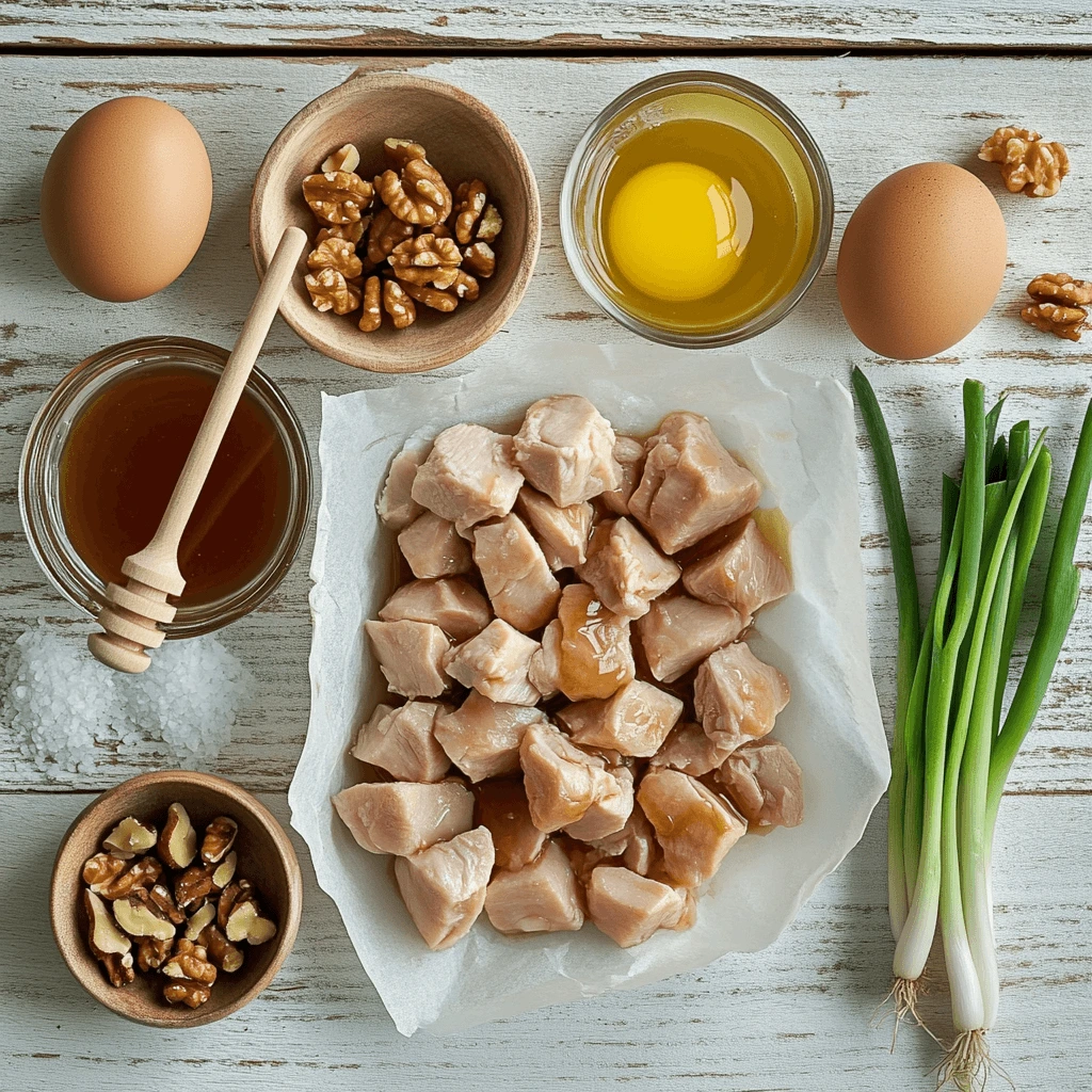 Overhead flat lay of diced chicken breast, honey dipper in a glass jar, walnut halves, eggs, oil, salt, and fresh scallions arranged on a rustic white wooden surface.