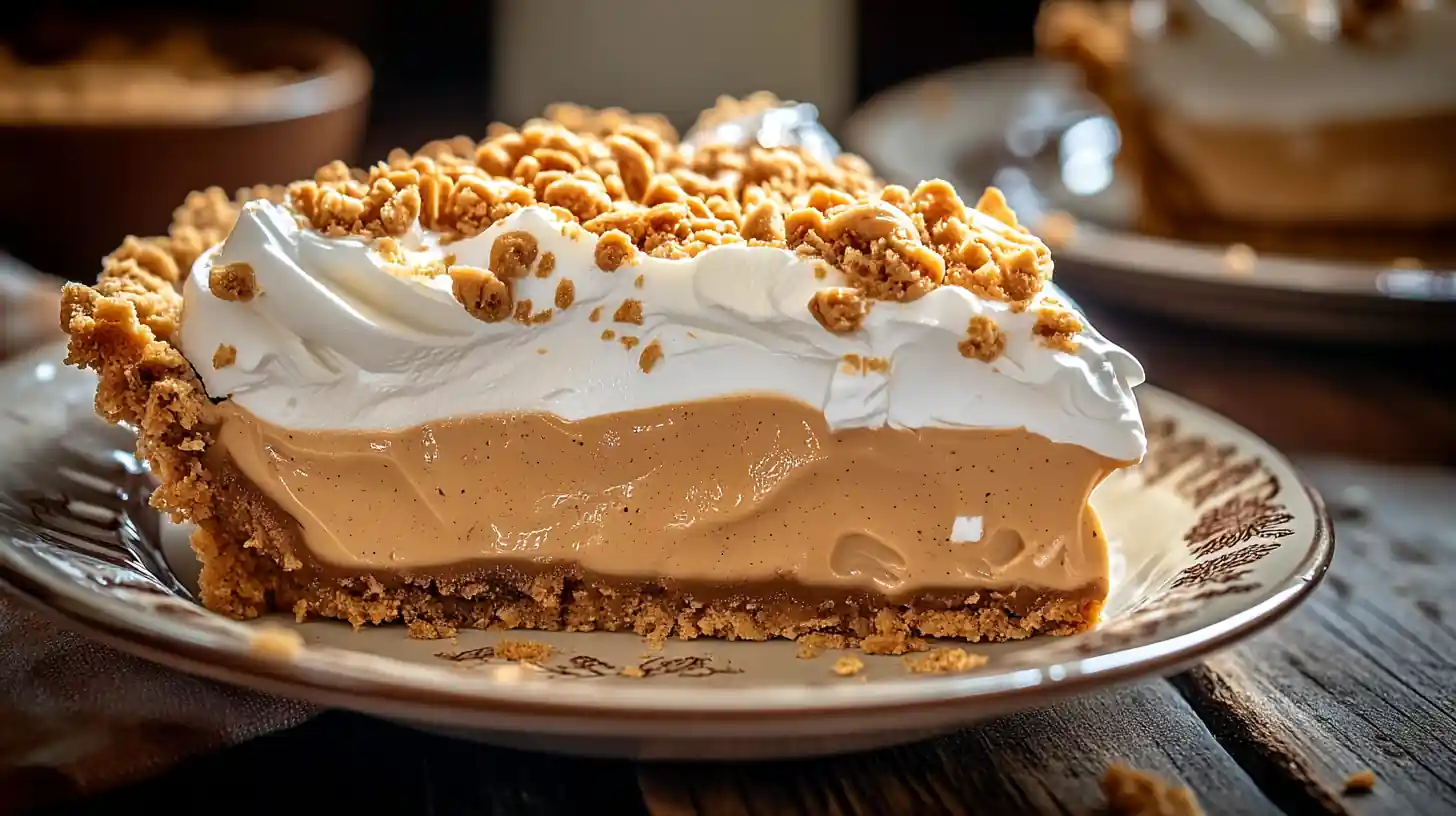 Slice of Amish Peanut Butter Cream Pie with whipped topping and peanut butter crumble