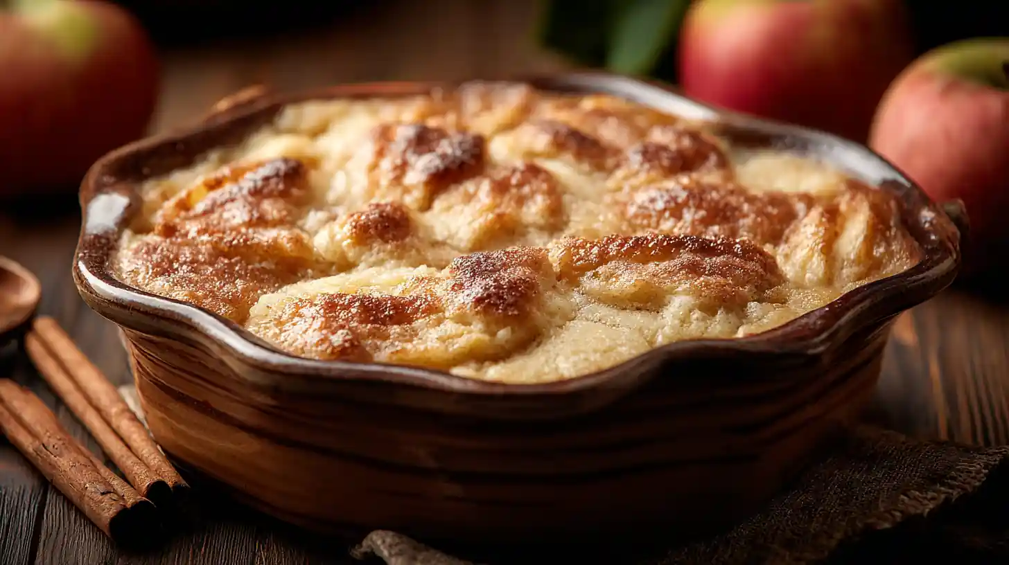 Warm baked applesauce cobbler with golden brown topping in rustic dish