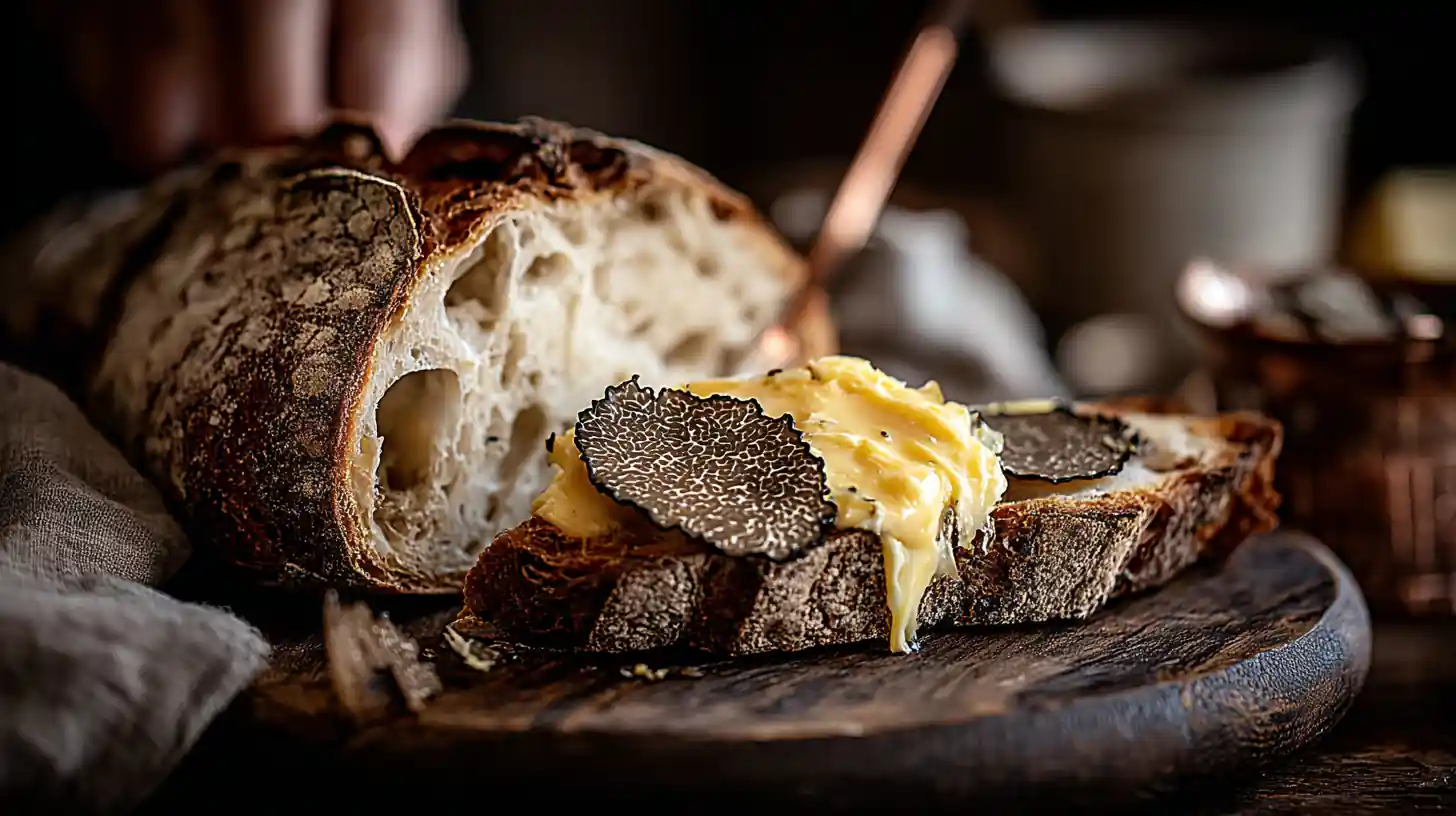 Rustic sourdough bread with creamy black truffle butter and fresh truffle slices
