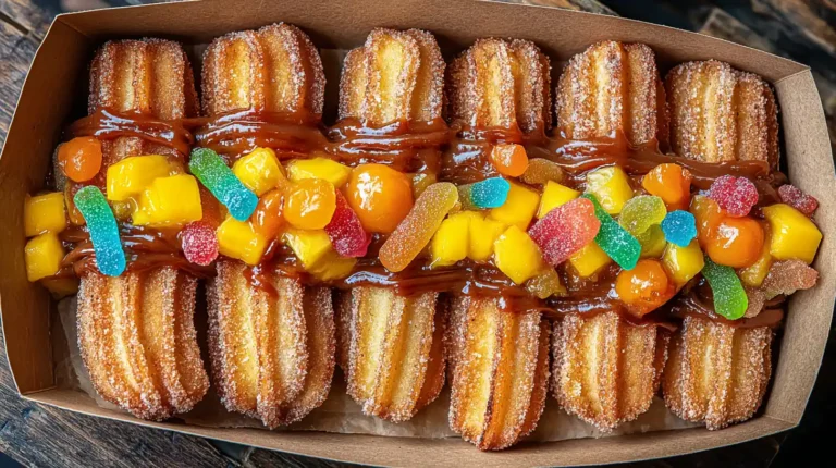 Colorful Churros Locos topped with caramel, fruit chunks, and gummy candies