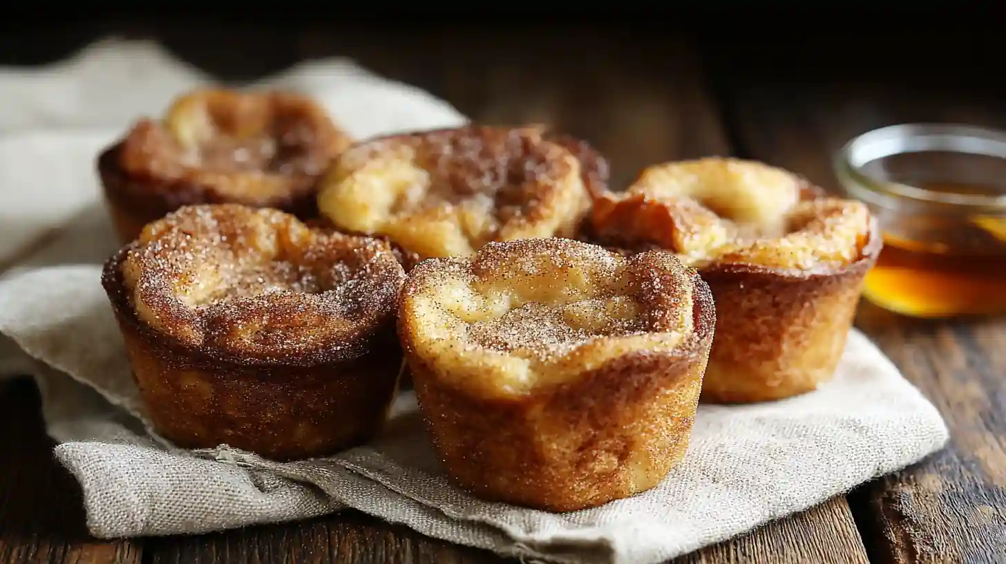 Cinnamon sugar French toast muffins stacked on linen with syrup in background
