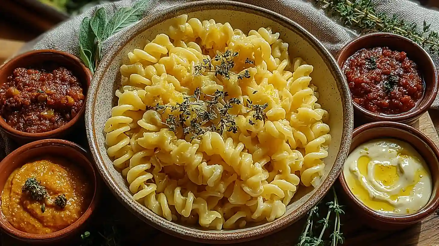 Creste di Gallo Pasta served with creamy cheese sauce and assorted dips