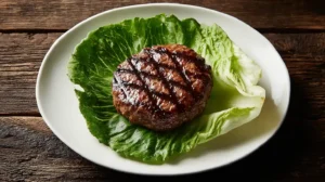 Lean beef patty nude served on fresh lettuce leaf with grill marks