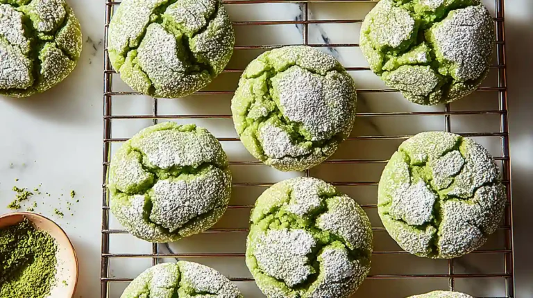 Matcha crinkle cookies dusted with powdered sugar cooling on a wire rack