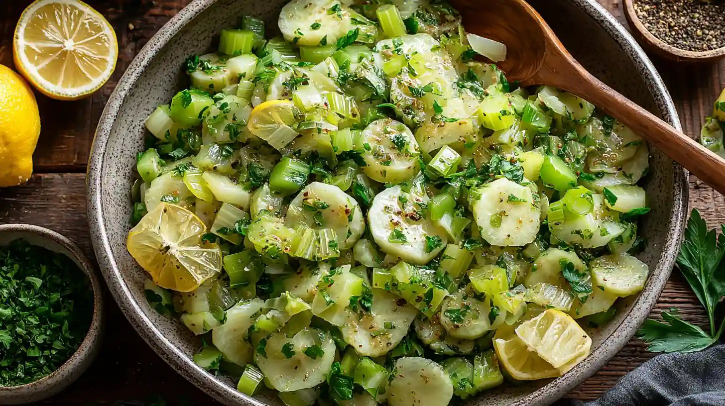 How to Make the Best Scungilli Salad: Authentic Italian Recipe 4 Scungilli salad with celery, parsley, lemon slices, and olive oil dressing in a ceramic bowl