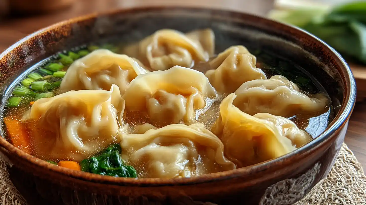 Subgum Wonton Soup with tender dumplings and colorful vegetables in clear broth