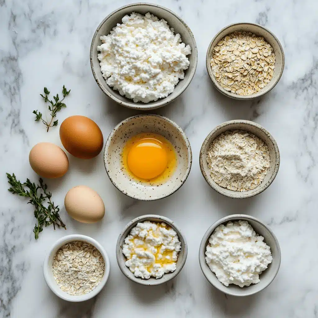 Cottage Cheese Pizza Crust - Healthy, Crisp, and Protein-Packed 7 Bowls of ingredients for cottage cheese pizza crust on marble
