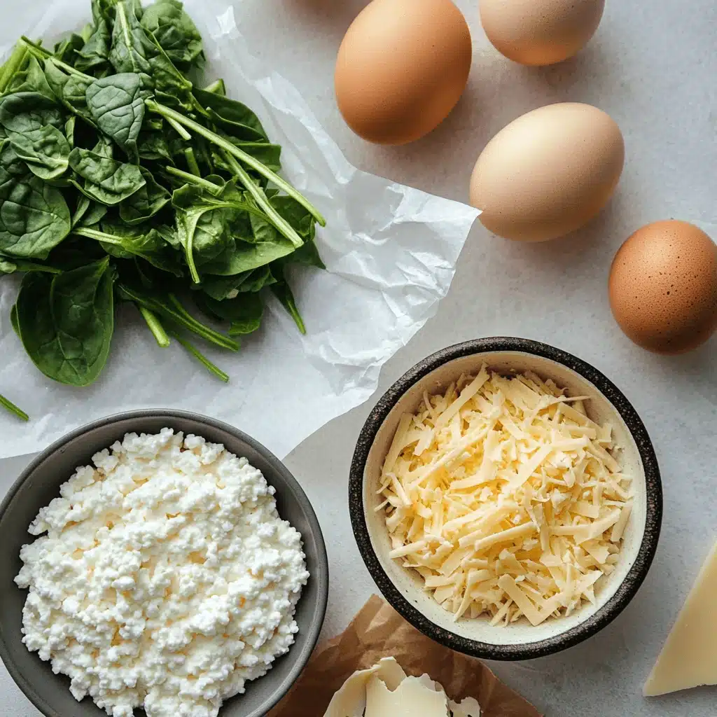 Cottage Cheese Egg Bake: A High-Protein Southern Comfort Recipe 8 Fresh spinach, cottage cheese, eggs, and shredded cheese laid out for egg bake