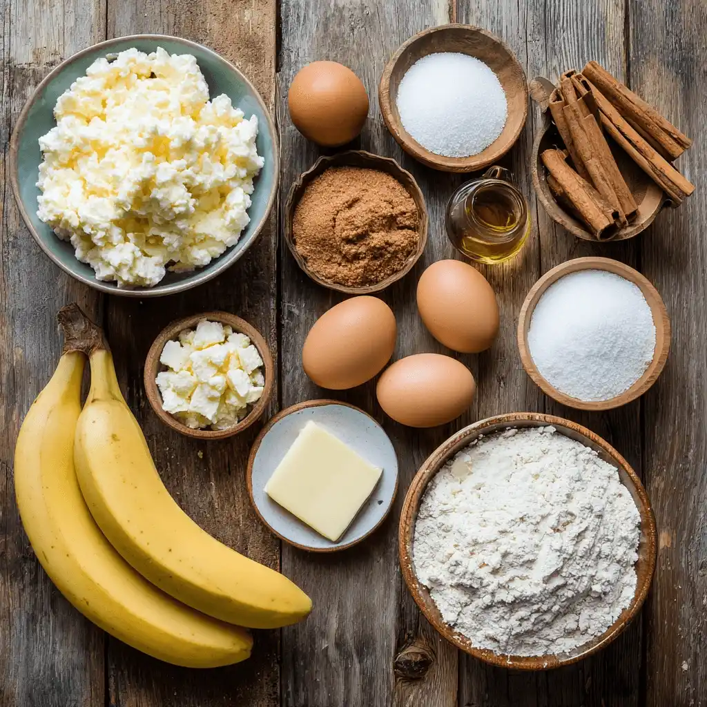 Cottage Cheese Banana Bread That Stays Moist & Fluffy Every Time 6 Ingredients for cottage cheese banana bread on a rustic wooden table
