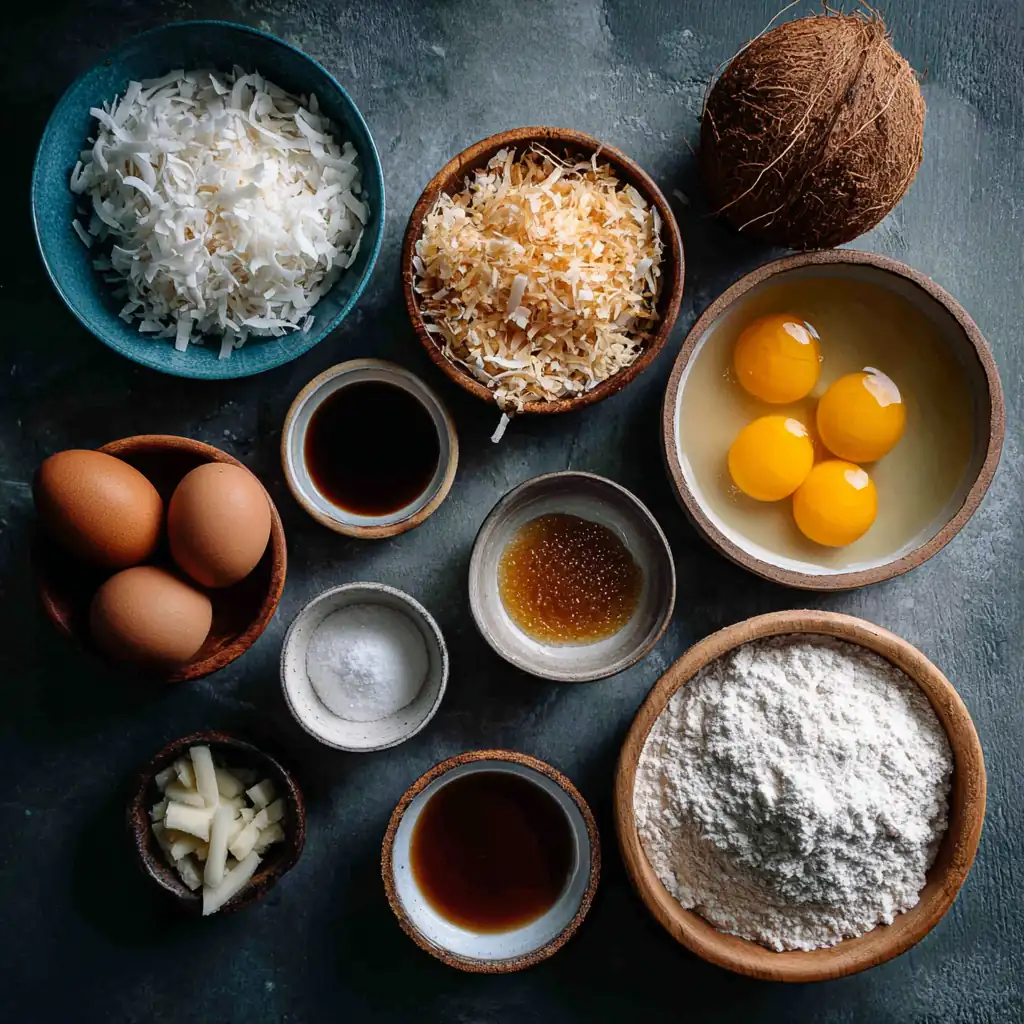 Labubu Cake Ingredients Display Flat lay of Labubu Cake ingredients including coconut, eggs, flour, vanilla, and brown sugar