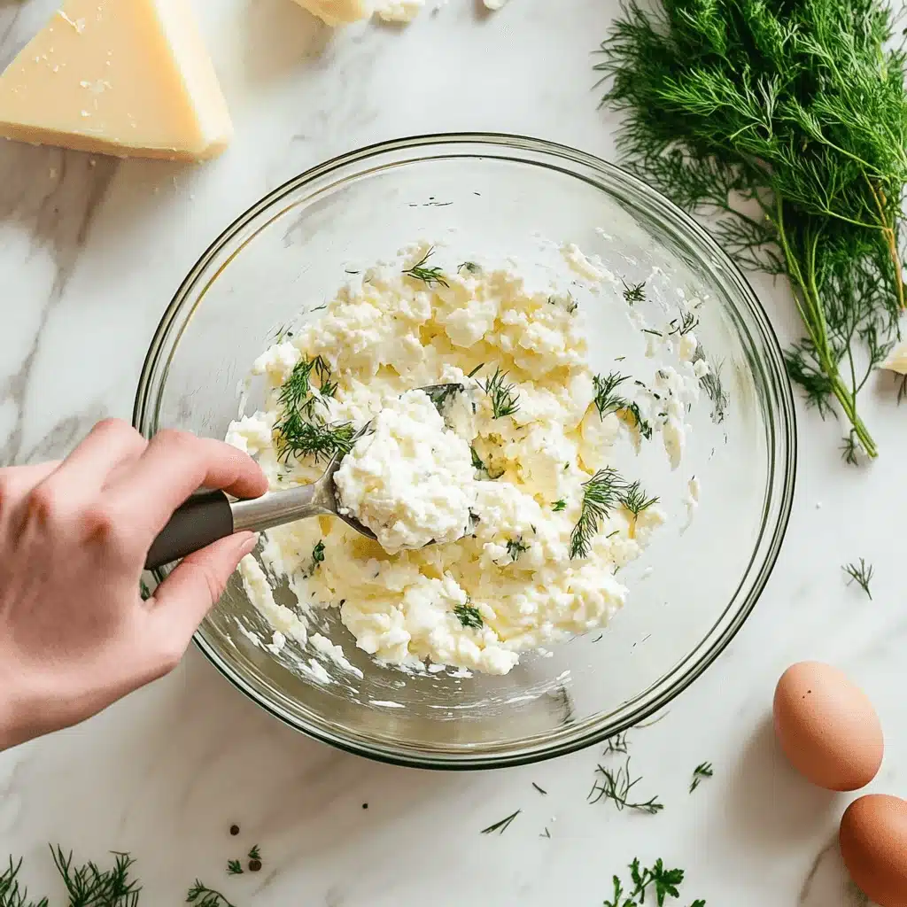 Cottage Cheese Egg Bake: A High-Protein Southern Comfort Recipe 9 Hand mixing cottage cheese and herbs in a clear glass bowl