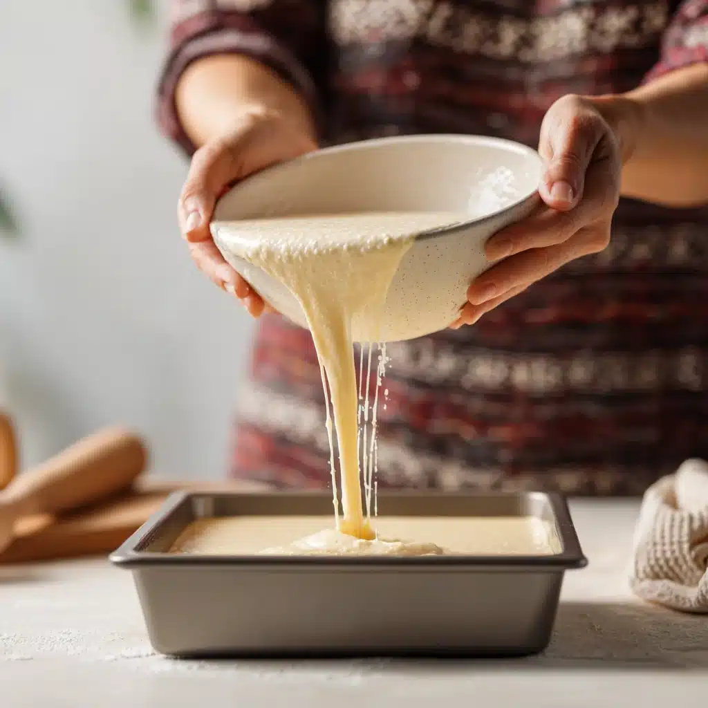 Pouring Labubu Cake Batter into the Pan Baker pouring Labubu Cake batter into a square metal baking pan
