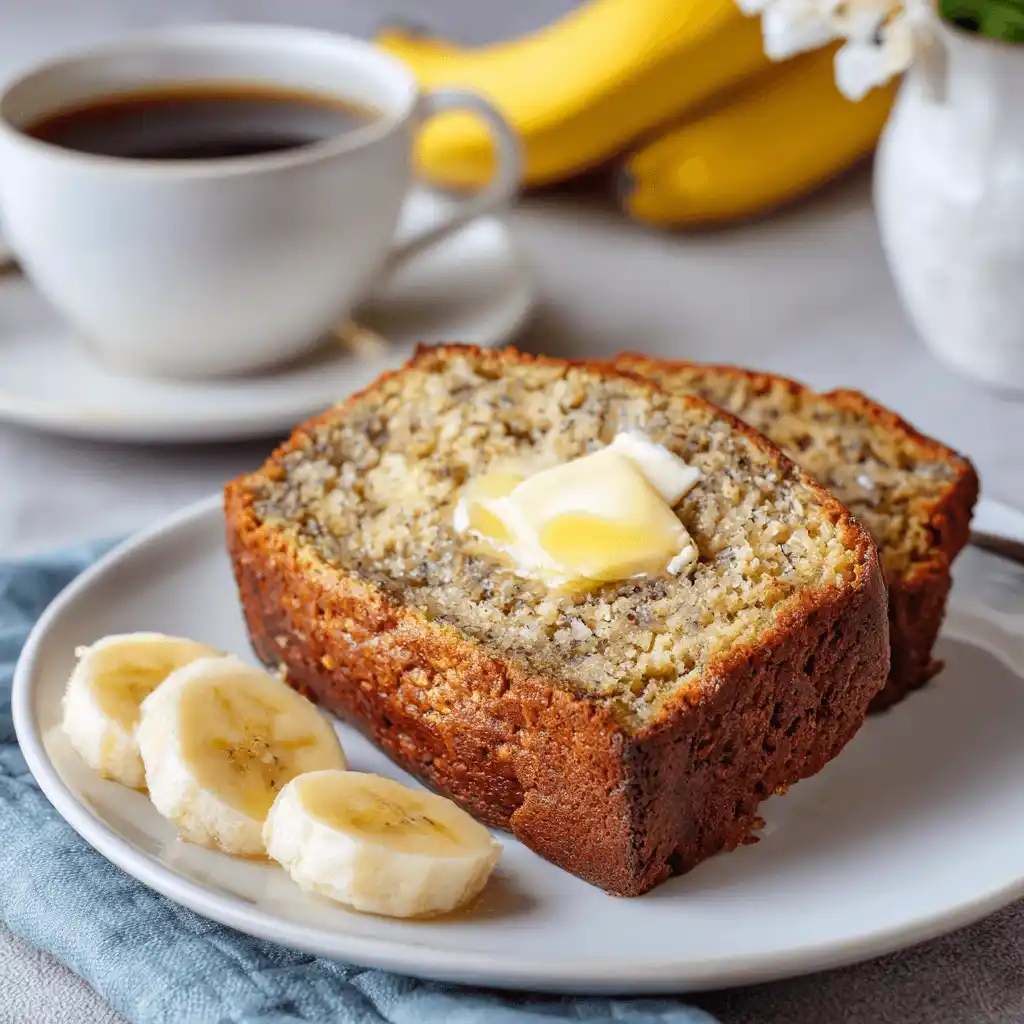 Cottage Cheese Banana Bread That Stays Moist & Fluffy Every Time 7 Sliced cottage cheese banana bread with butter and banana rounds on a plate