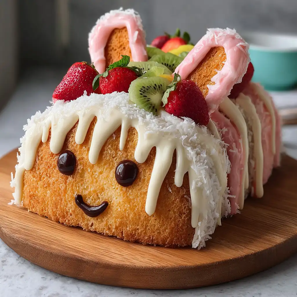 Labubu Cake Served with Fruit and Coconut Glaze Labubu Cake served on wooden board with white chocolate drizzle, coconut, strawberries, and kiwi