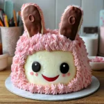 Labubu Cake Recipe: A Sweet Story with a Flavorful Twist 3 Finished Labubu Cake with pink piped frosting and a happy face, close-up view on cake board