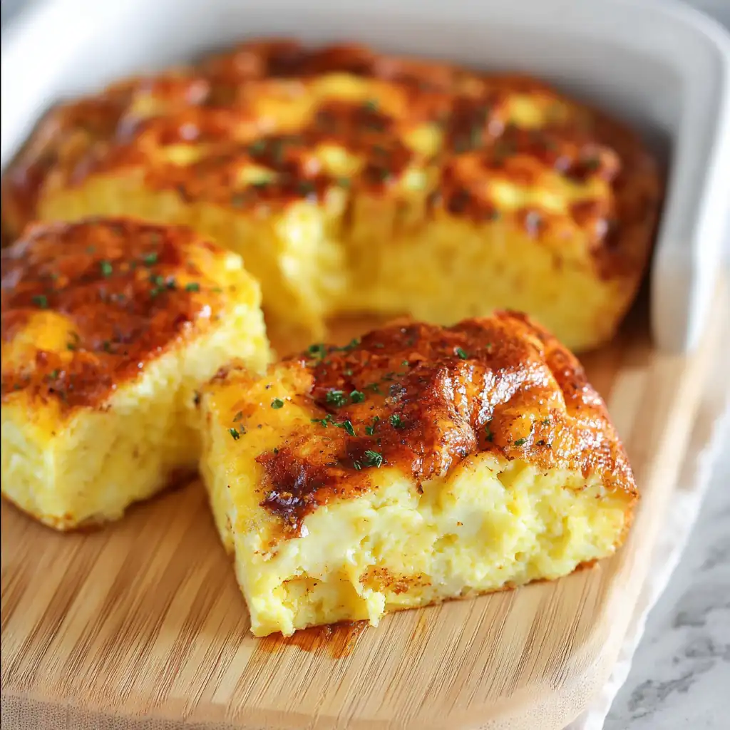 Golden, fluffy cottage cheese egg bake cut into thick slices on a wooden board with a browned top and soft interior.