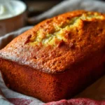 Freshly baked cottage cheese banana bread loaf next to a bowl of cottage cheese