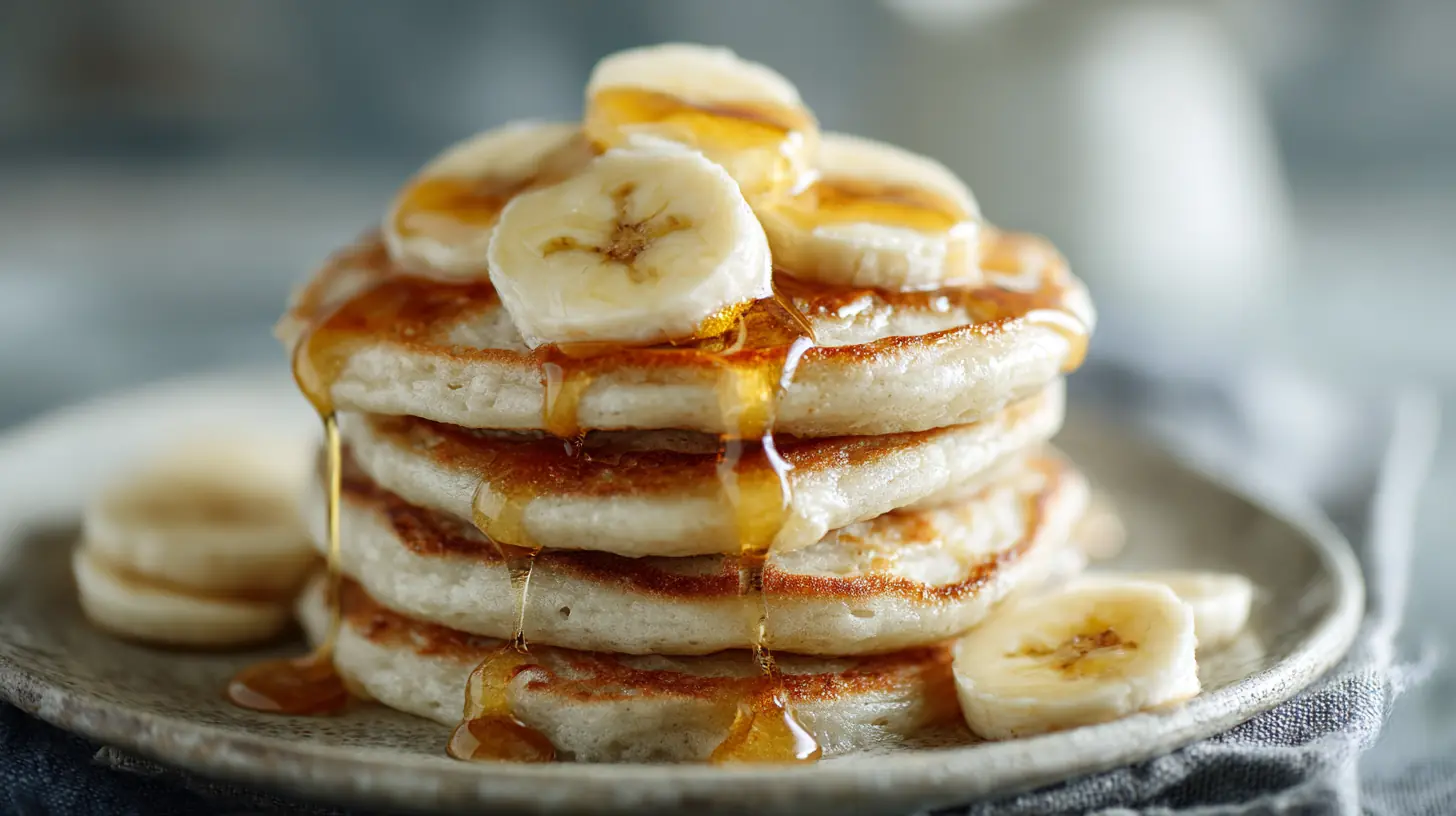 Stack of cottage cheese banana pancakes with honey and sliced bananas