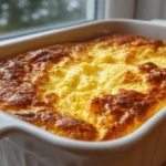 Golden baked cottage cheese egg casserole in white dish by window
