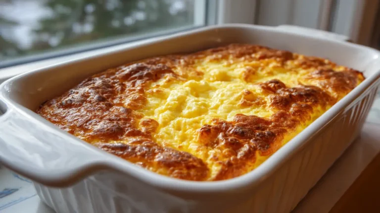 Golden baked cottage cheese egg casserole in white dish by window