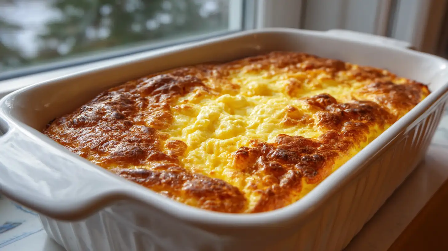 Golden baked cottage cheese egg casserole in white dish by window