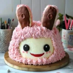 Labubu character cake with pink piped frosting and chocolate ears on a white cake board