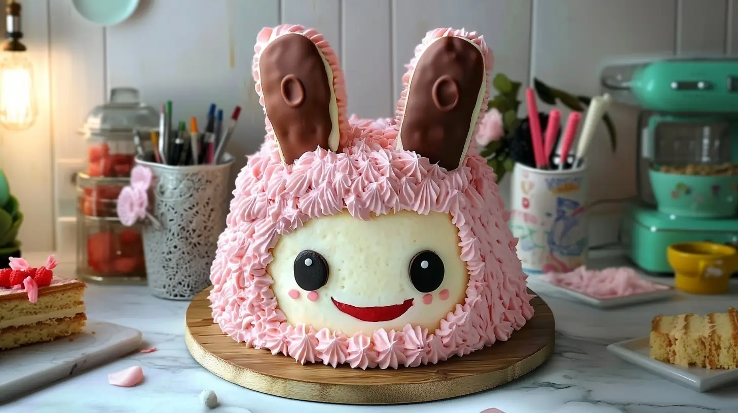 Labubu Cake Recipe: A Sweet Story with a Flavorful Twist 2 Labubu character cake with pink piped frosting and chocolate ears on a white cake board