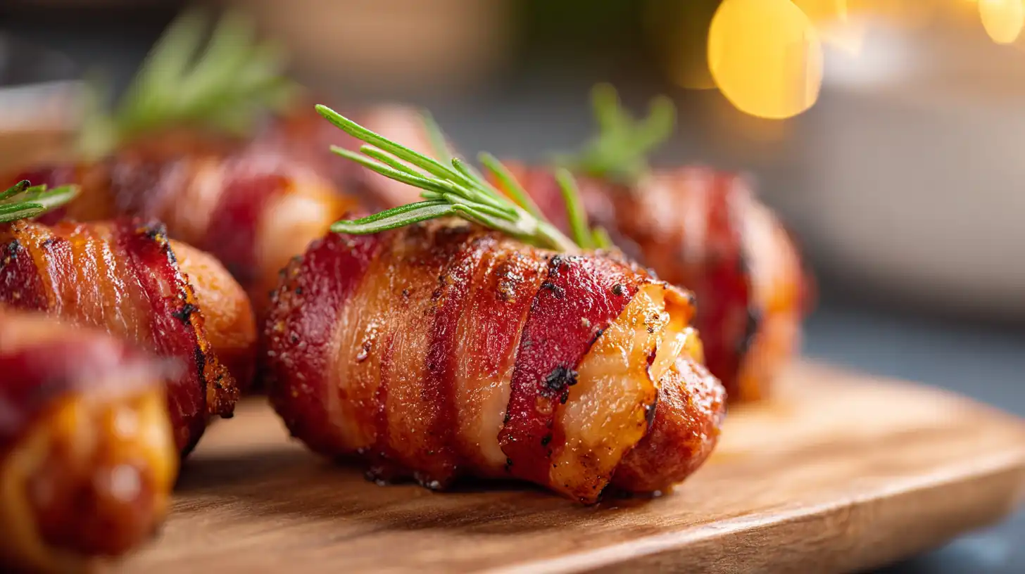 Close-up view of sausage bites wrapped in crisp, glossy bacon with rosemary sprigs on a wooden board.