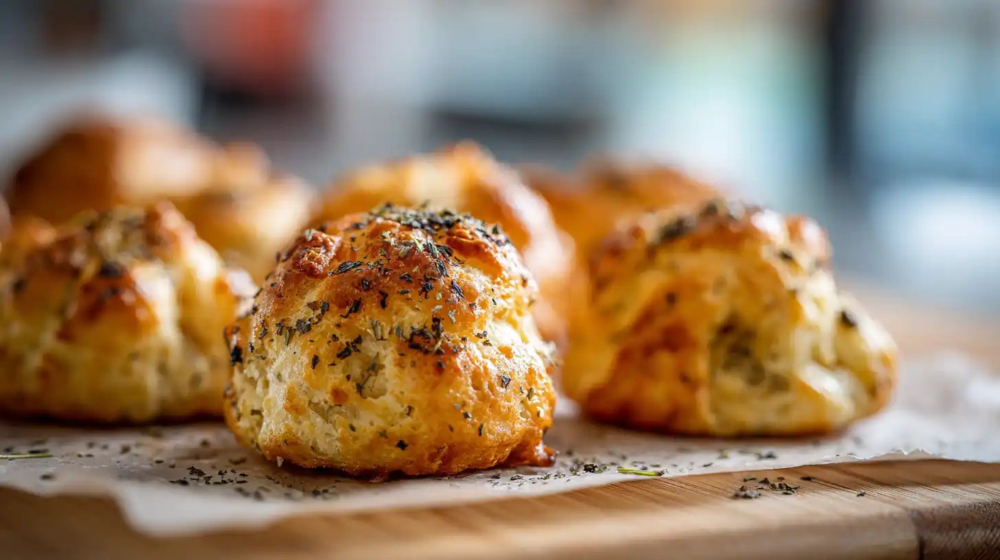Golden Parmesan and black pepper gougères on parchment with crisp, airy texture and herbs visible.
