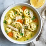 Top-down view of lemon chicken tortellini soup with sliced carrots, shredded chicken, and lemon in a white bowl.