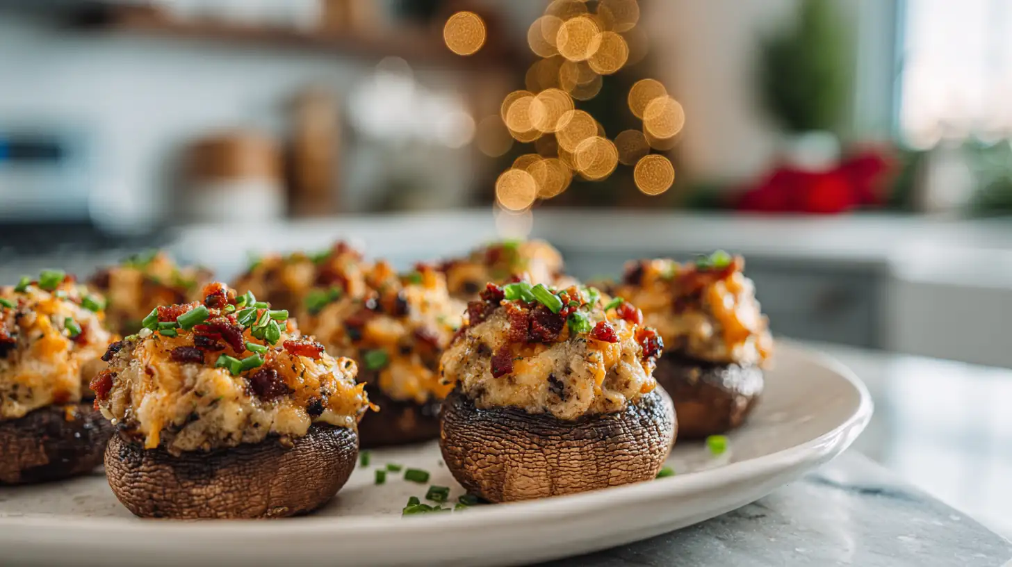 Cheddar & Turkey Bacon Holiday Stuffed Mushrooms 2 Close-up of turkey bacon and cheddar stuffed mushrooms on a white plate with soft holiday lights in the background.