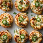 Baked jalapeño popper pinwheels arranged in neat rows, each topped with sliced jalapeño and fresh herbs.