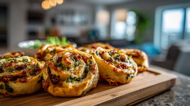 Golden jalapeño popper pinwheels on a wooden board with melted cheese and herbs in a softly blurred kitchen setting.