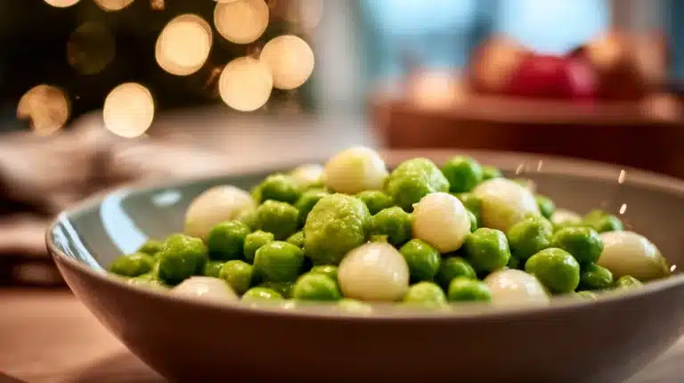 Bowl of creamed peas and pearl onions with a soft holiday glow in the background.