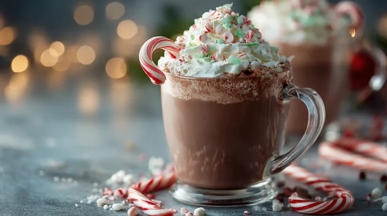A clear glass mug filled with creamy peppermint hot cocoa topped with whipped cream and crushed candy canes, with holiday lights softly blurred in the background.