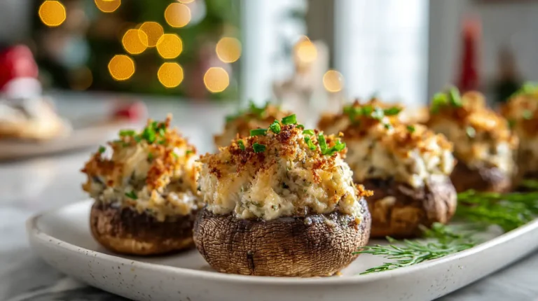 Stuffed mushroom caps filled with a creamy breadcrumb mixture on a white platter with soft Christmas lights glowing in the background.