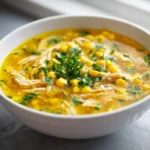 Close-up of shredded chicken and sweet corn soup with fresh herbs in a white bowl.