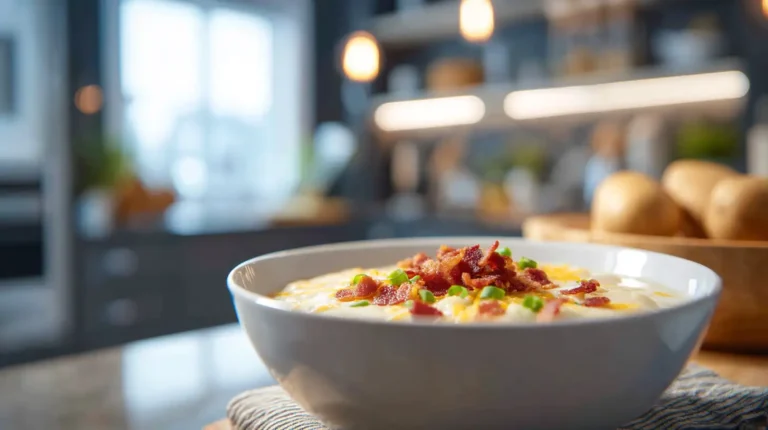 Creamy baked potato soup in a white bowl topped with turkey bacon and chives in a softly lit kitchen setting.