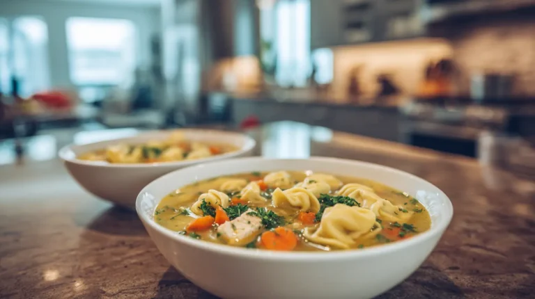 A warm bowl of chicken tortellini soup with carrots and herbs on a kitchen counter.
