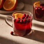 Clear mug of cranberry punch with floating cranberries and an orange slice in warm natural light.