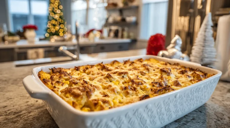Golden baked corn and cream cheese casserole in a white dish on a kitchen counter with soft Christmas décor in the background.