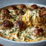 Baked meatball casserole with twirled creamy pasta and golden meatballs sprinkled with herbs in a white dish.
