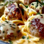 Creamy meatball casserole with browned meatballs and pasta coated in a rich cheese sauce, garnished with fresh herbs.