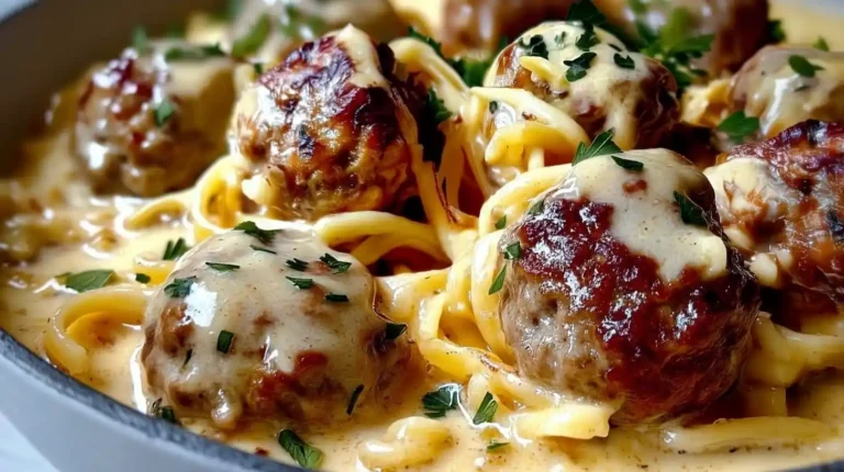Creamy meatball casserole with browned meatballs and pasta coated in a rich cheese sauce, garnished with fresh herbs.