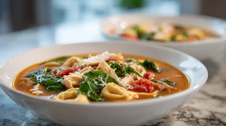 Warm bowl of Tuscan chicken tortellini soup with spinach, shredded chicken, tomatoes, and tortellini viewed close-up on a marble surface.